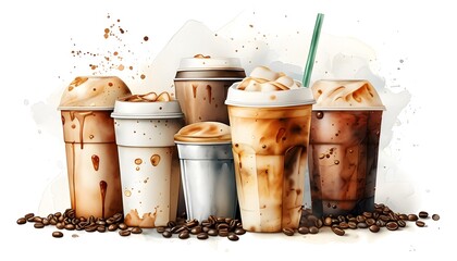 Wall Mural - Whimsical Watercolor Frappe Ice Coffee Collection with Grungy Texture for Junk Journals and Scrapbook Designs