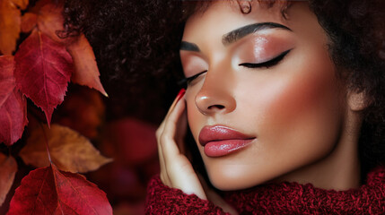 beautiful young black woman closed eyes brunette hair outdoors during autumn surrounded by orange red fall leaves seasonal clothing orange nature beauty