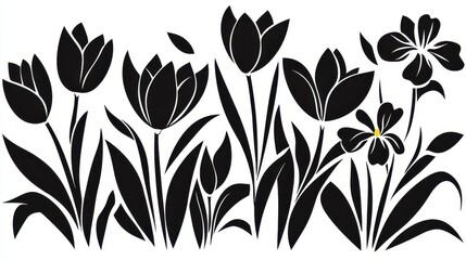 Sticker - Black and White Tulip and Flower Silhouette Illustration