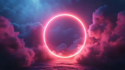 A glowing neon pink circle sits above a sea of purple clouds.