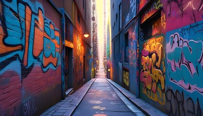 Wall Mural - vibrant city street with narrow paths illuminated by colorful lights and adorned with striking graffiti walls