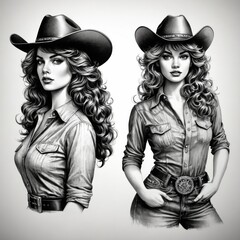 Black white illustration two young women wearing cowboy cowgirl