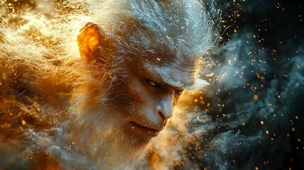 Wall Mural - Mystical White Furry Monkey with Golden Sparks and Smoke