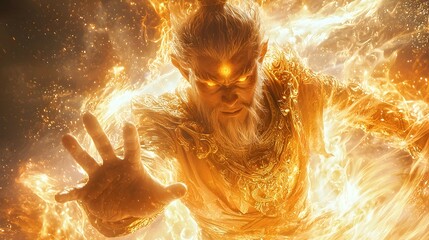 Wall Mural - Powerful Golden Warrior Emerging From Flames