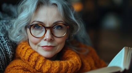 Wall Mural - Close-up Portrait of Woman with Glasses Reading a Book