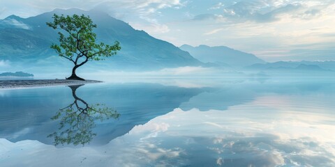 Canvas Print - A solitary tree by the mountain adorning the serene shore casts a flawless reflection on the calm waters a harmonious blend of land and sea