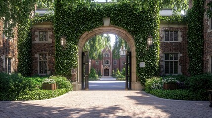 Canvas Print - Ivy Covered Brick Archway Leading to Historic Building