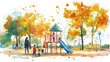 © RRIKATO - A vibrant playground scene in autumn, featuring children playing joyfully on slides surrounded by colorful trees.