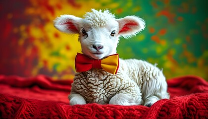 Wall Mural - Charming Lamb in Bow Tie on Vibrant Background Signifying Innocence