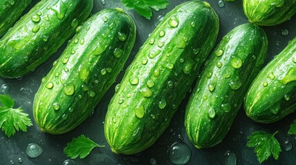 Wall Mural - Fresh Green Cucumbers with Water Drops