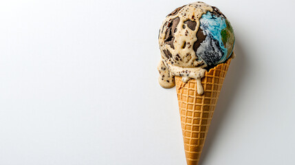 A melting ice cream cone shaped like Earth evokes sense of environmental concern and urgency. creamy texture and vibrant colors highlight beauty of our planet while reminding us of need to protect it