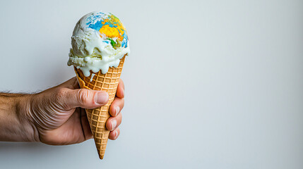 a hand holds melting ice cream cone topped with globe, symbolizing fragility of our planet. this cre