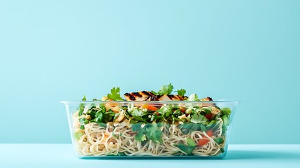 An ultra-sharp photograph of a glass lunch box containing a vibrant noodle salad with fresh herbs and grilled chicken. The background is a solid light blue, enhancing the freshness and clarity of the