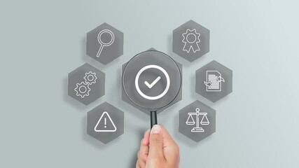 Wall Mural - Magnifying glass focuses on Standard quality control certification assurance concept, checkbox icon of guarantee