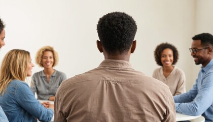 Group five people sitting circle engaged conversation focus Back