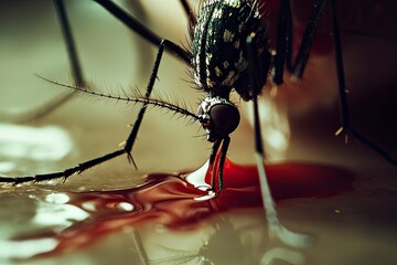 Wall Mural - mosquito drinks blood out of man. macro shot, ai