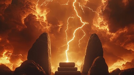 Canvas Print - Dramatic Lightning Storm with Rock Formation and Steps