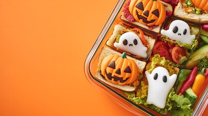 Wall Mural - A glass lunch box filled with Halloween-themed sandwiches shaped like pumpkins and ghosts, alongside colorful veggies. The background is a solid bright orange, with ultra-sharp focus on the food