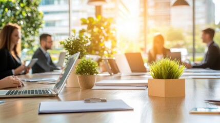 Poster - Modern Office Desk with Laptop  Papers  and Plants