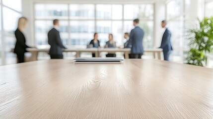 Wall Mural - Wooden Table Top in Modern Office Setting with Blurred Business People Background