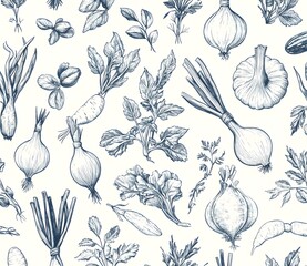 Sticker - Blue and White Vegetables Seamless Pattern