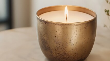 Poster - Golden Candle Holder with Burning Candle on Marble Table