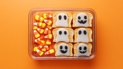 Wall Mural - A glass lunch box containing ghost-shaped peanut butter sandwiches, candy corn, and fruit slices arranged like spooky faces. The background is a solid orange, with ultra-sharp focus on the food is