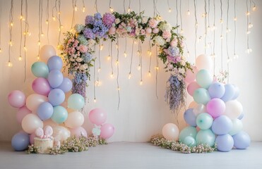 Wall Mural - A whimsical birthday setup with a floral arch, pastel-colored balloons, and fairy lights hanging in the background, perfect for a dreamy celebration