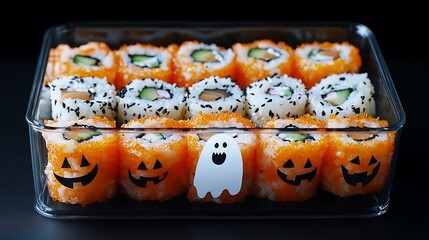 Wall Mural - A highly detailed glass lunch box filled with spooky Halloween sushi rolls shaped like jack-o-lanterns and ghosts. The background is a solid black, with every detail of the food captured in sharp