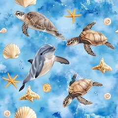 Wall Mural - Sea Turtle and Dolphin Watercolor Seamless Pattern