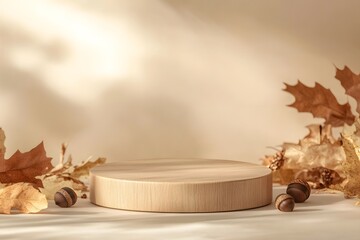 Wall Mural - Wooden Podium with Autumn Leaves and Acorns for Product Display