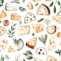 Wall Mural - Watercolor seamless pattern with different kinds of cheese and greenery