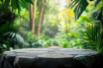 Wall Mural - Stone tabletop podium floor in outdoors tropical garden forest blurred green leaf plant nature background.Natural product placement pedestal stand display,jungle paradise concept , ai