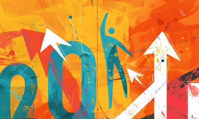 Abstract illustration of growth and success with dynamic arrows and human figure on a vibrant orange background The design represents motivation and progress