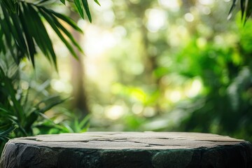 Wall Mural - Stone tabletop podium floor in outdoors tropical garden forest blurred green leaf plant nature background.Natural product placement pedestal stand display,jungle paradise concept, ai