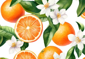 Orange Blossom and Oranges Seamless Pattern