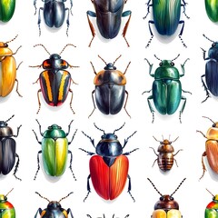 Wall Mural - Colorful Beetle Insects Watercolor Seamless Pattern