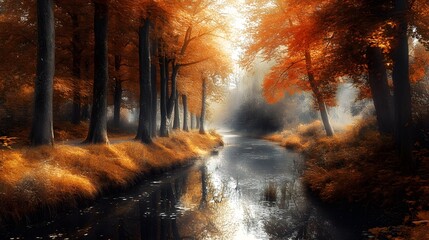 Wall Mural - Autumn River Landscape with Sun Rays and Golden Leaves