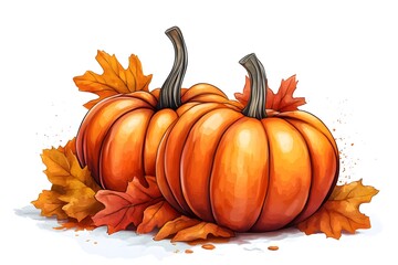 Two Pumpkins with Autumn Leaves Illustration