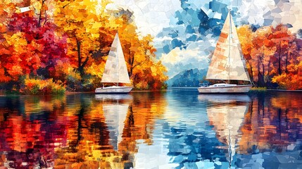 Sticker - Sailboats in Autumn Landscape with Water Reflection