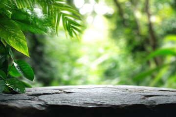 Wall Mural - Stone tabletop podium floor in outdoors tropical garden forest blurred green leaf plant nature background.Natural product placement pedestal stand display,jungle paradise concept, ai