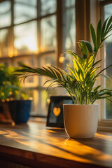 A white plant sits on a wooden table next to a blue mug. The sunlight is shining on the plant, making it look vibrant and healthy. Concept of warmth and tranquility, as the plant