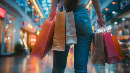 Close-up of woman in casual outfit holding multiple shopping bags in a brightly lit modern shopping mall, perfect for retail marketing, e-commerce promotions, and fashion advertising highlighting seas