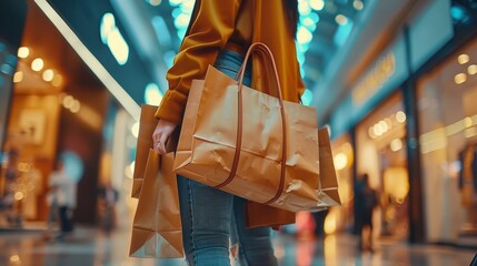 Close-up of woman in casual outfit holding multiple shopping bags in a brightly lit modern shopping mall, perfect for retail marketing, e-commerce promotions, and fashion advertising highlighting seas