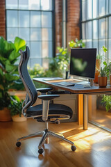 Wall Mural - A black ergonomic office chair sits in front of a computer monitor. The chair is positioned in front of a window with a view of a potted plant. The room is well-lit and has a modern, professional feel