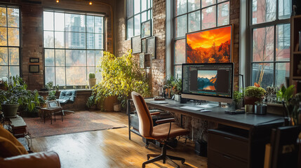 Wall Mural - A home office with a large monitor and a plant on the desk. The room has a warm and inviting atmosphere