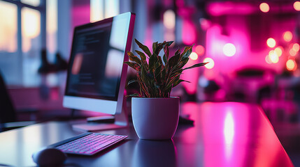 Wall Mural - A computer desk with a white computer monitor and a potted plant. The room has a modern and minimalist design, with a focus on technology and nature