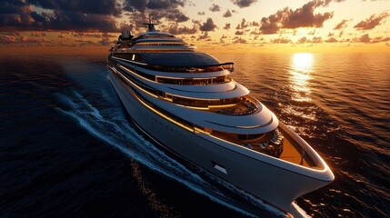 Poster - Luxury Yacht Sailing at Sunset on the Ocean