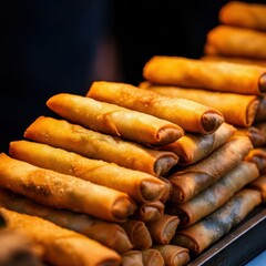 Poster - crispy spring rolls, street food, vibrant colors, assorted vegetables, fresh ingredients, Asian cuisine, appetizing, food photography, shallow depth of field, market stall, delicious snacks, bright an