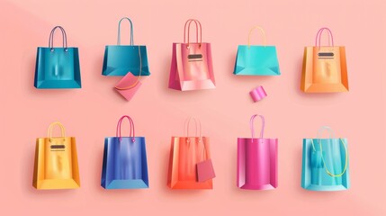 Vibrant set of colorful shopping bags in various sizes and styles, perfect for e-commerce visuals, retail promotions, and creative product displays highlighting fashion, lifestyle, and shopping concep